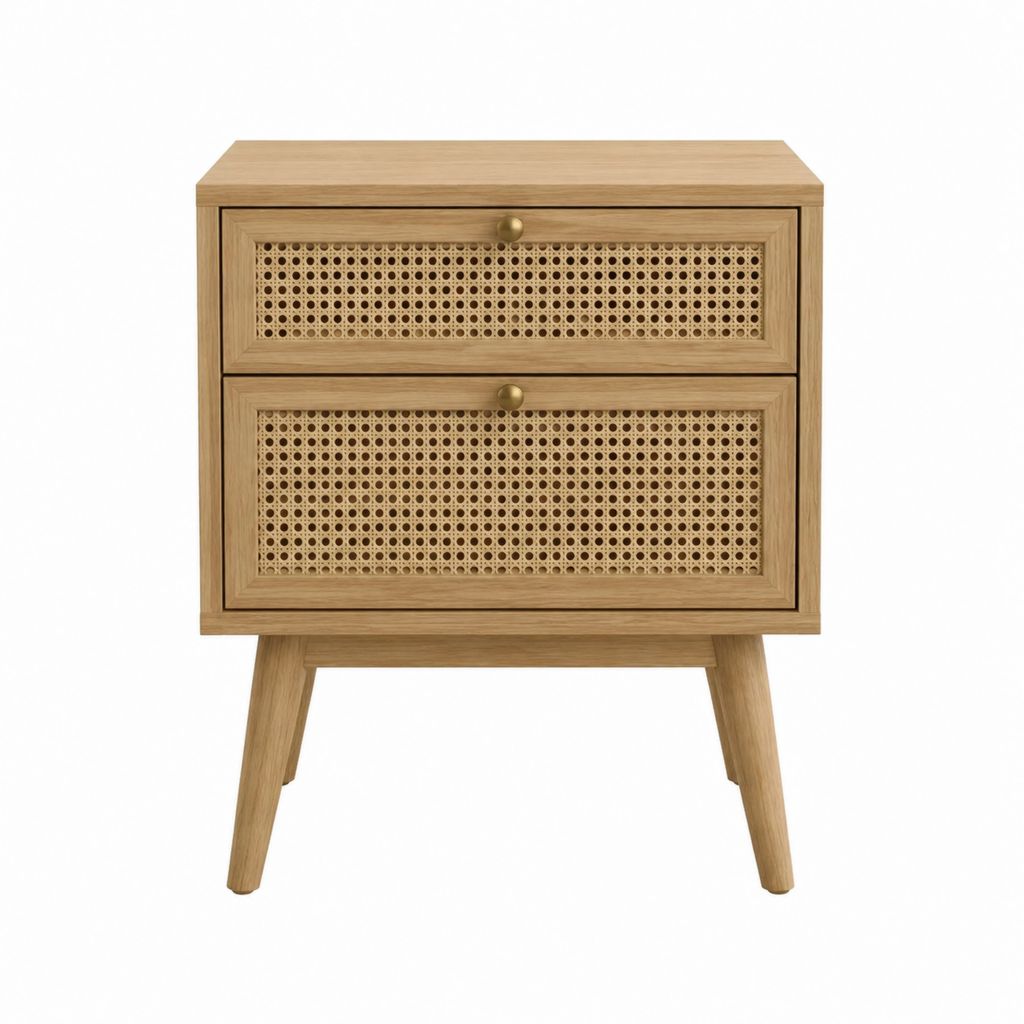 Table de chevet 2 tiroirs beige en MDF et cannage de rotin rectangulaire 45 x 35 x 60 cm