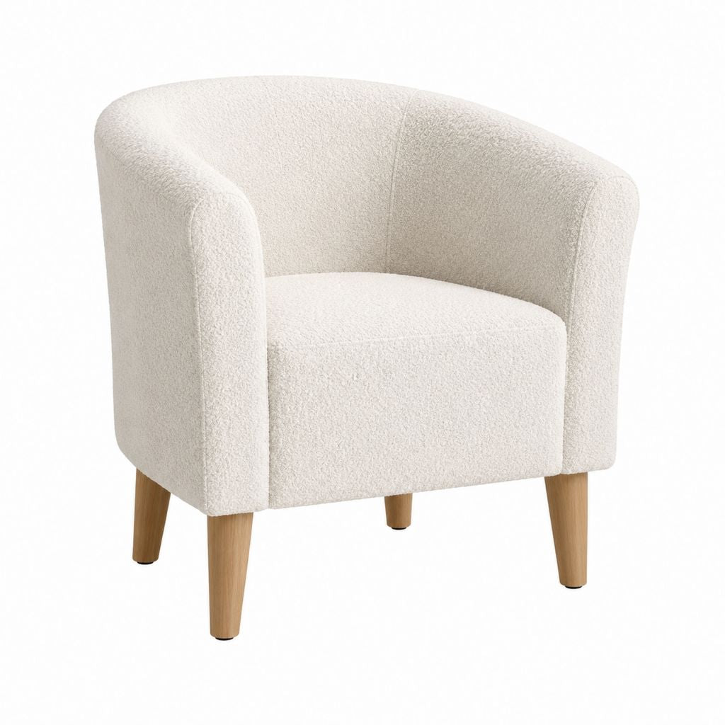 Fauteuil cabriolet arrondi crème en polyester bouclette avec pieds en bois d'hévéa 68 x 62 x 78 cm