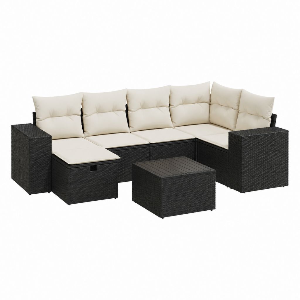 Salon de jardin d’angle 7 pièces noir en résine tressée PE avec coussins crème 280 x 210 x 63 cm
