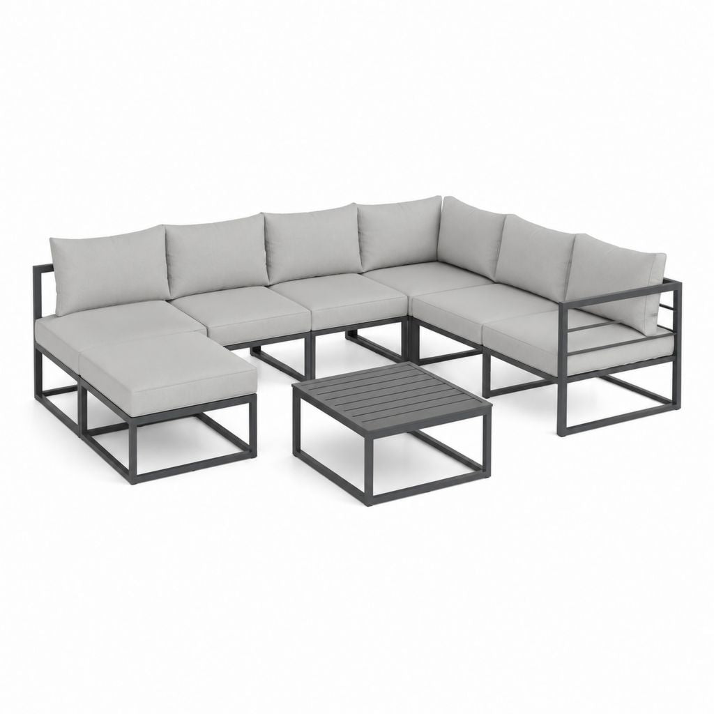 Salon de jardin d'angle 6 pièces gris en acier avec coussins 280 x 210 x 63 cm