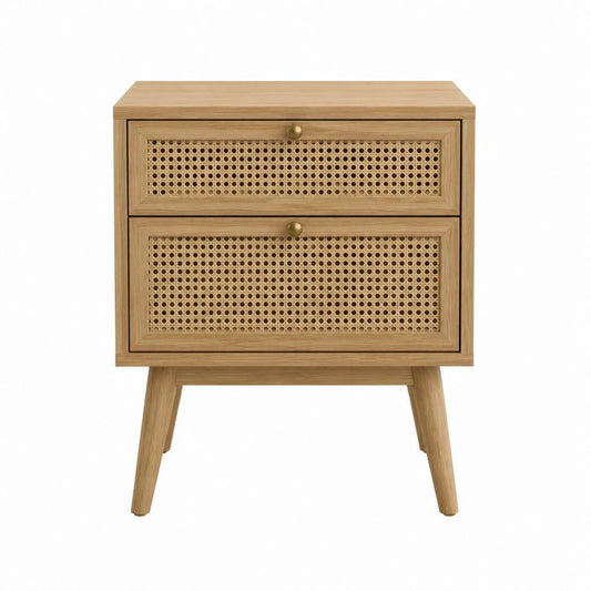 Table de chevet 2 tiroirs beige en MDF et cannage de rotin rectangulaire 45 x 35 x 60 cm