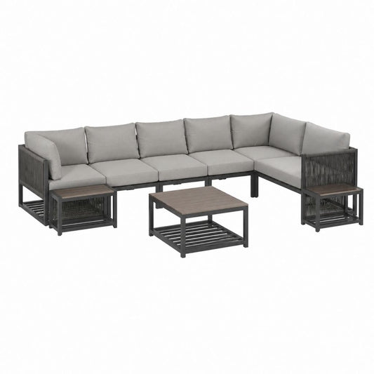 Salon de jardin d’angle 9 pièces gris et anthracite en aluminium avec coussins 285 x 220 x 65 cm