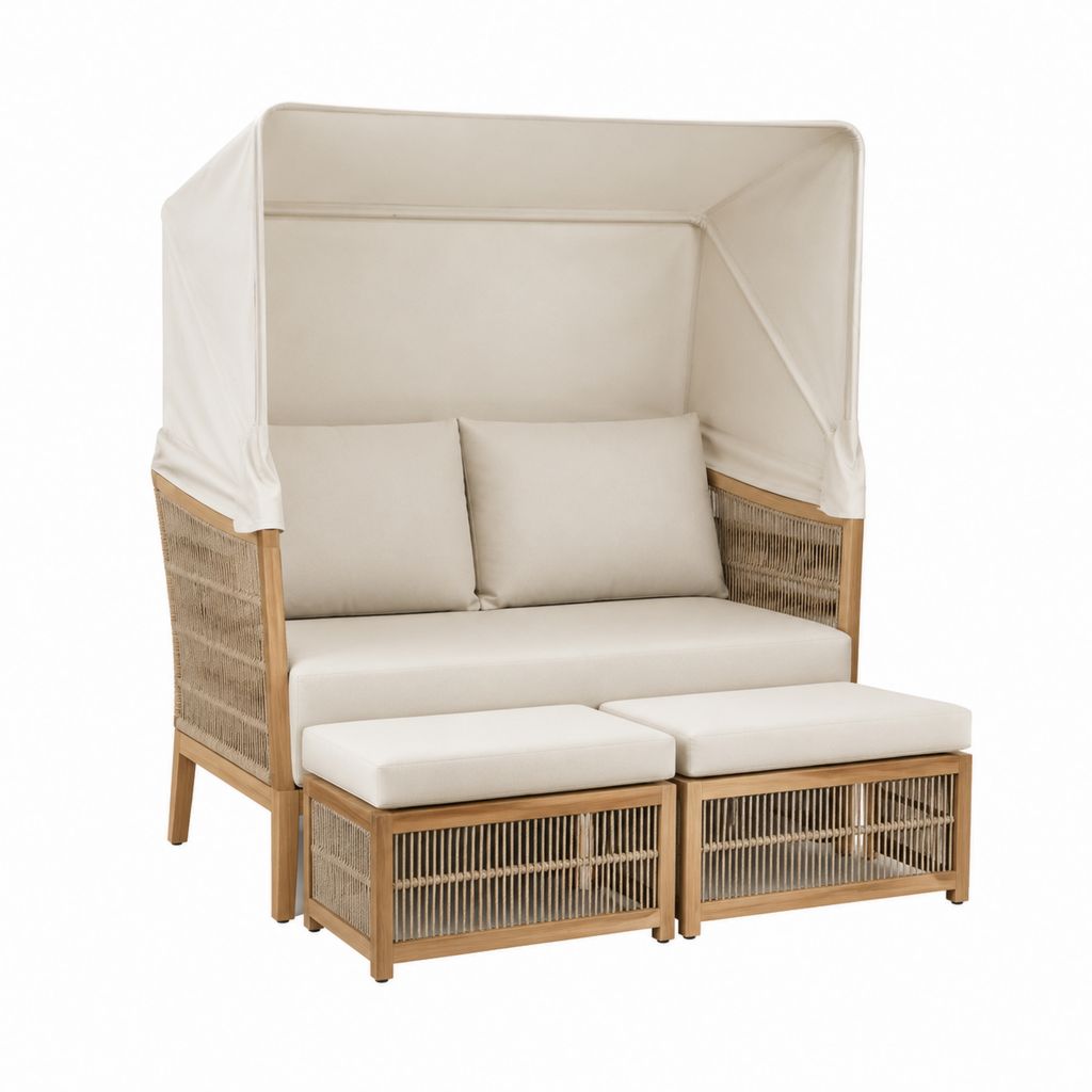 Canapé de jardin 2 places avec auvent beige en bois d'acacia et corde PE 160 x 90 x 160 cm avec 2 repose-pieds