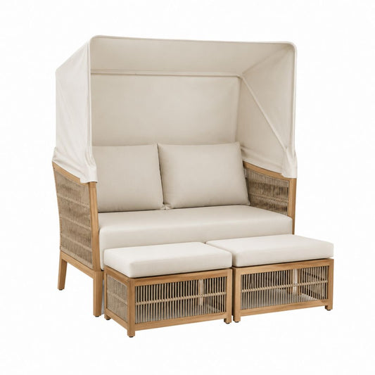Canapé de jardin 2 places avec auvent beige en bois d'acacia et corde PE 160 x 90 x 160 cm avec 2 repose-pieds