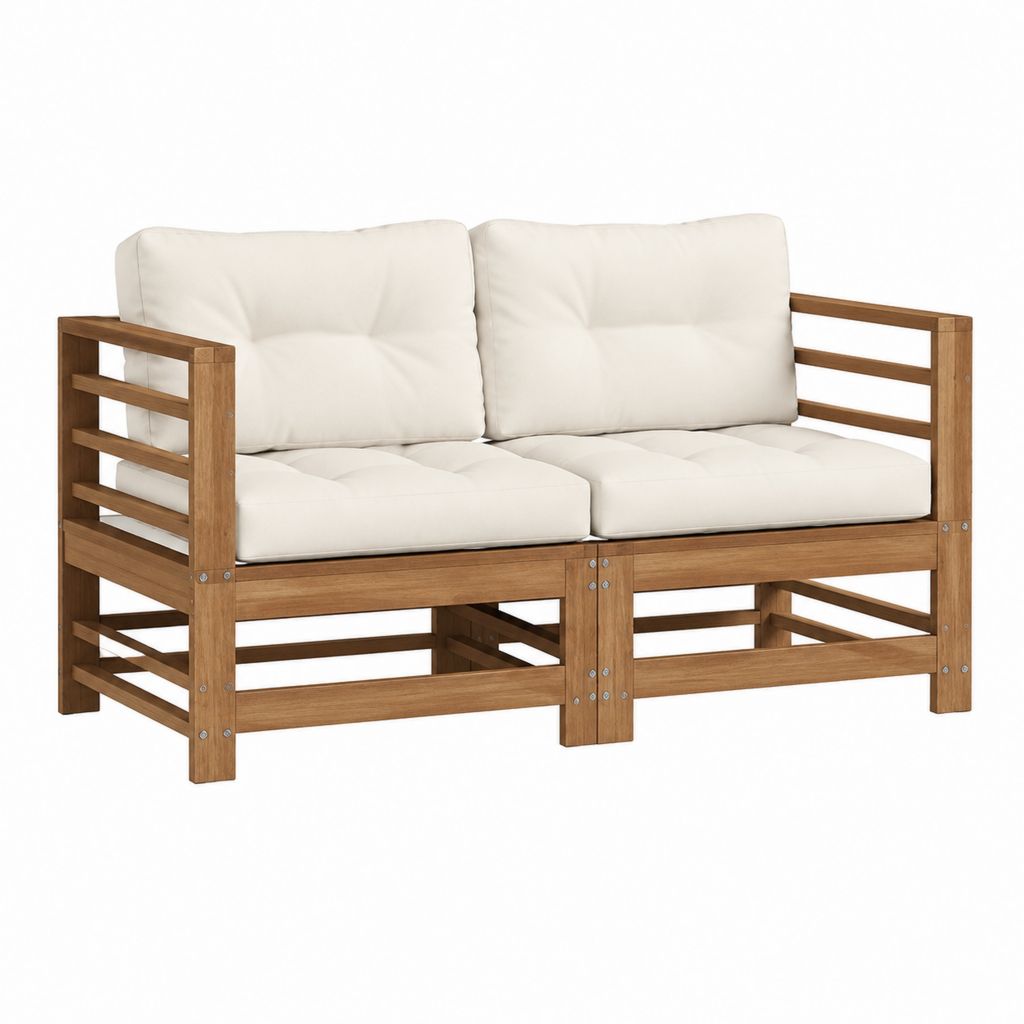 Canapé de jardin 2 places en bois d'acacia brun avec coussins crème 120 x 65 x 75 cm