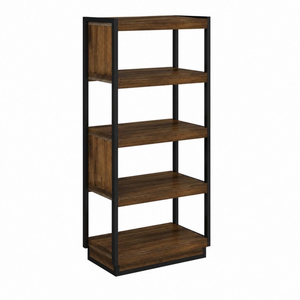 Étagère bibliothèque 5 niveaux marron noyer et noir en panneaux de particules et acier 60 x 30 x 150 cm