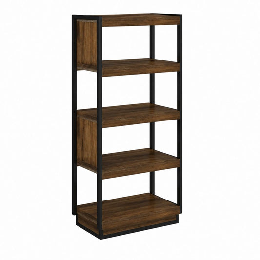 Étagère bibliothèque 5 niveaux marron noyer et noir en panneaux de particules et acier 60 x 30 x 150 cm