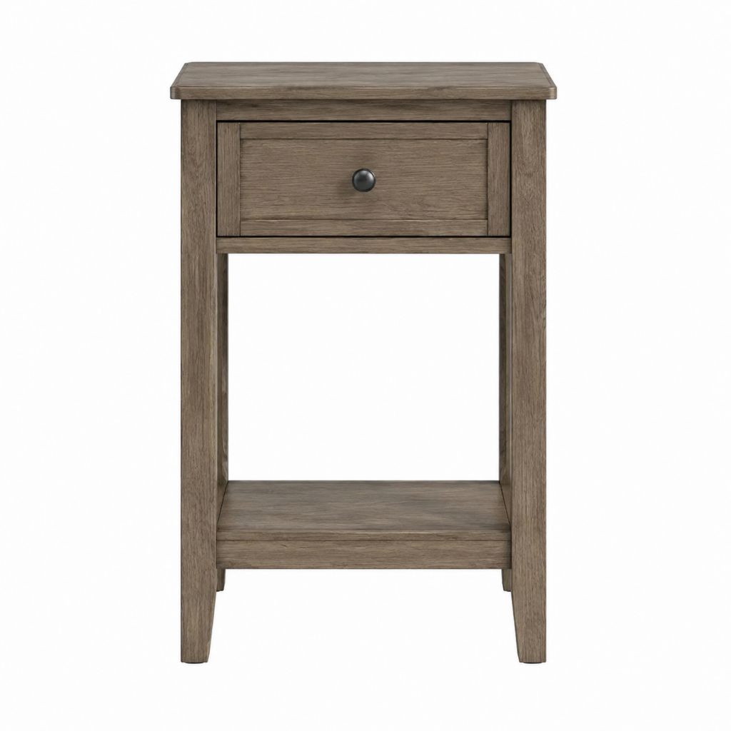 Table de chevet avec tiroir et tablette ouverte brun grisé en panneaux MDF 45 x 35 x 65 cm