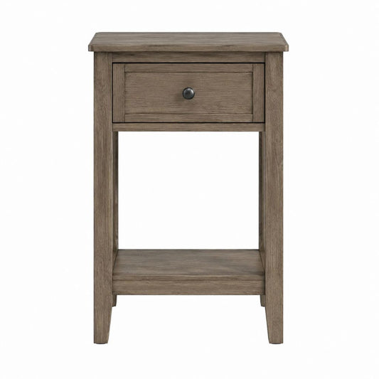 Table de chevet avec tiroir et tablette ouverte brun grisé en panneaux MDF 45 x 35 x 65 cm