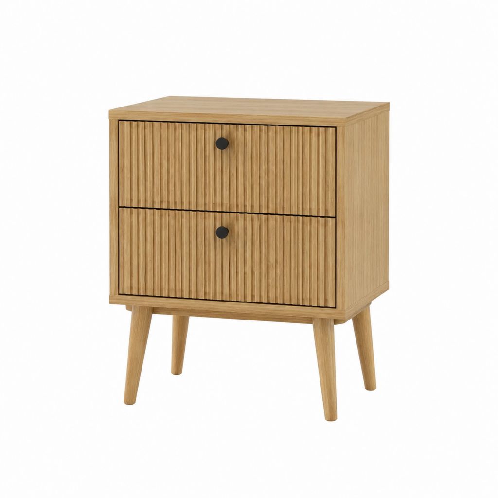 Table de chevet 2 tiroirs décor chêne MDF nervuré 50 x 40 x 60 cm