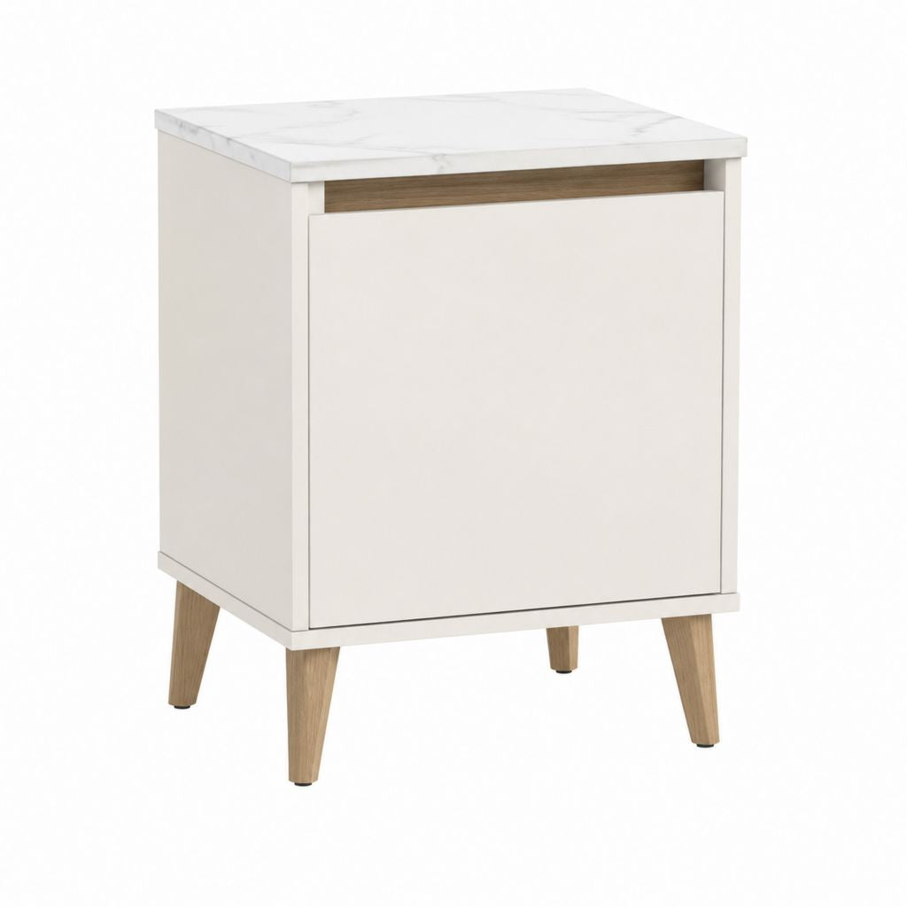 Table de chevet à 1 porte blanche en panneau de particules effet marbre 45 x 40 x 60 cm