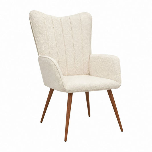 Fauteuil de salon à oreilles ivoire en polyester bouclette avec pieds en bois massif 68 x 75 x 105 cm