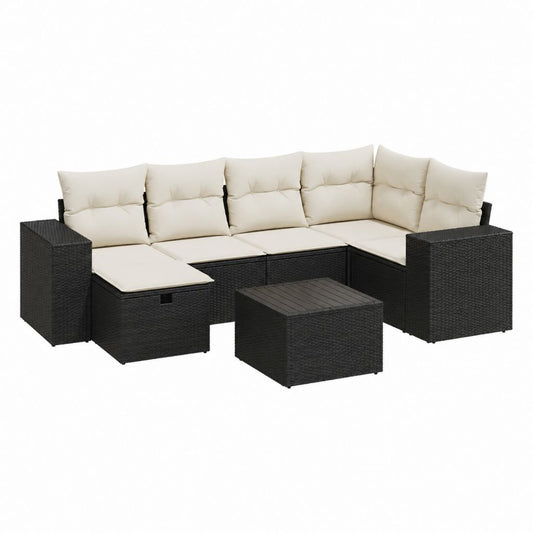 Salon de jardin d’angle 7 pièces noir en résine tressée PE avec coussins crème 280 x 210 x 63 cm