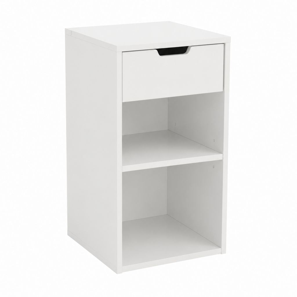 Table de chevet blanche en panneaux de particules mélaminés rectangulaire avec tiroir et 2 niches 40 x 40 x 70 cm