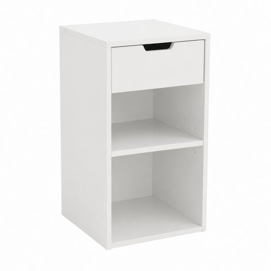 Table de chevet blanche en panneaux de particules mélaminés rectangulaire avec tiroir et 2 niches 40 x 40 x 70 cm