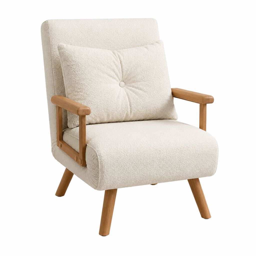 Fauteuil de salon écru en bouclette polyester avec accoudoirs en hévéa massif dossier rectangulaire 70 x 75 x 85 cm
