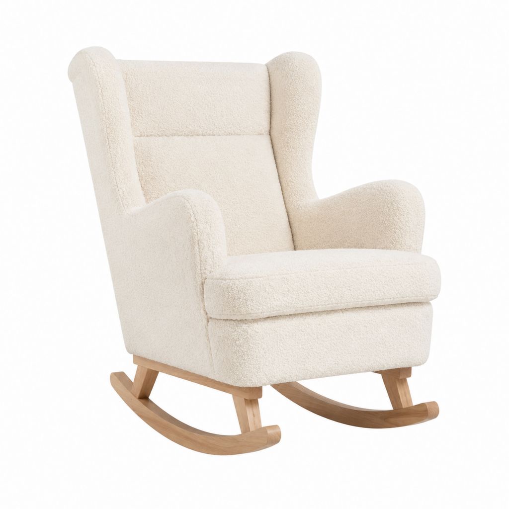 Fauteuil à bascule à oreilles écru en polyester bouclette avec patins en bois d’hévéa 75 x 90 x 105 cm