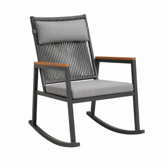Fauteuil à bascule de jardin gris noir et marron en aluminium corde PP avec coussins 75 x 65 x 100 cm