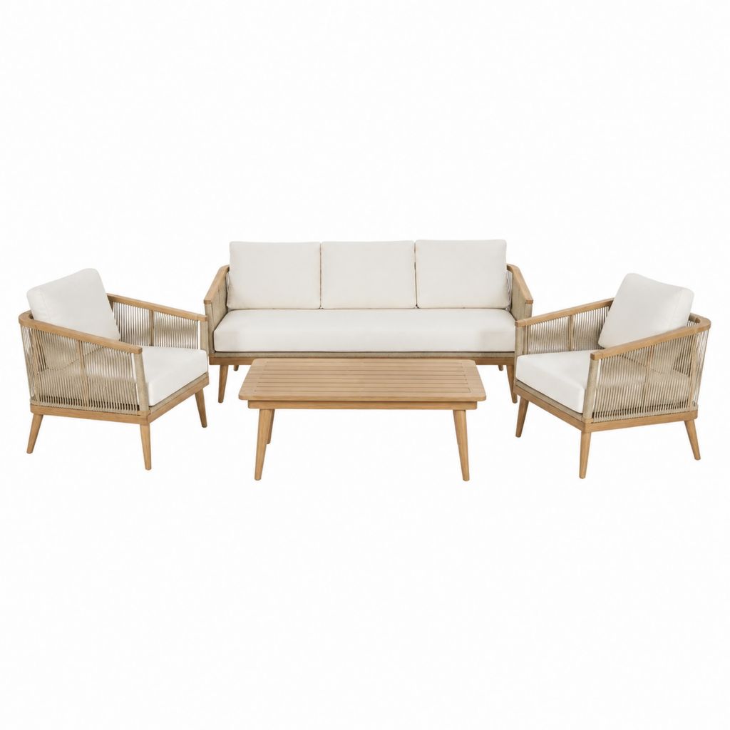 Salon de jardin 4 places en acacia massif naturel et corde PE beige avec canapé 180 x 75 x 78 cm fauteuils 75 x 75 x 78 cm et table basse 110 x 60 x 45 cm