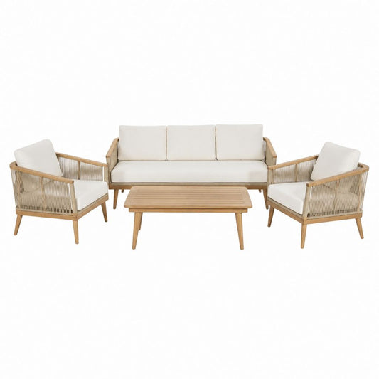 Salon de jardin 4 places en acacia massif naturel et corde PE beige avec canapé 180 x 75 x 78 cm fauteuils 75 x 75 x 78 cm et table basse 110 x 60 x 45 cm