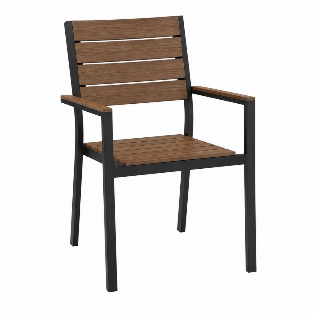 Fauteuil de jardin avec accoudoirs noir et brun en aluminium thermolaqué et bois d’acacia 56 x 60 x 88 cm