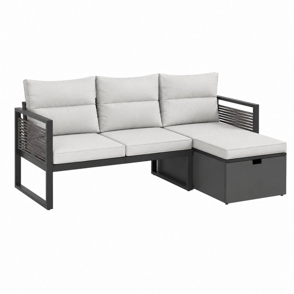 Canapé de jardin d'angle 3 places avec coffre noir et gris en aluminium et polyester 200 x 140 x 65 cm
