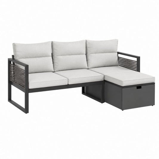 Canapé de jardin d'angle 3 places avec coffre noir et gris en aluminium et polyester 200 x 140 x 65 cm