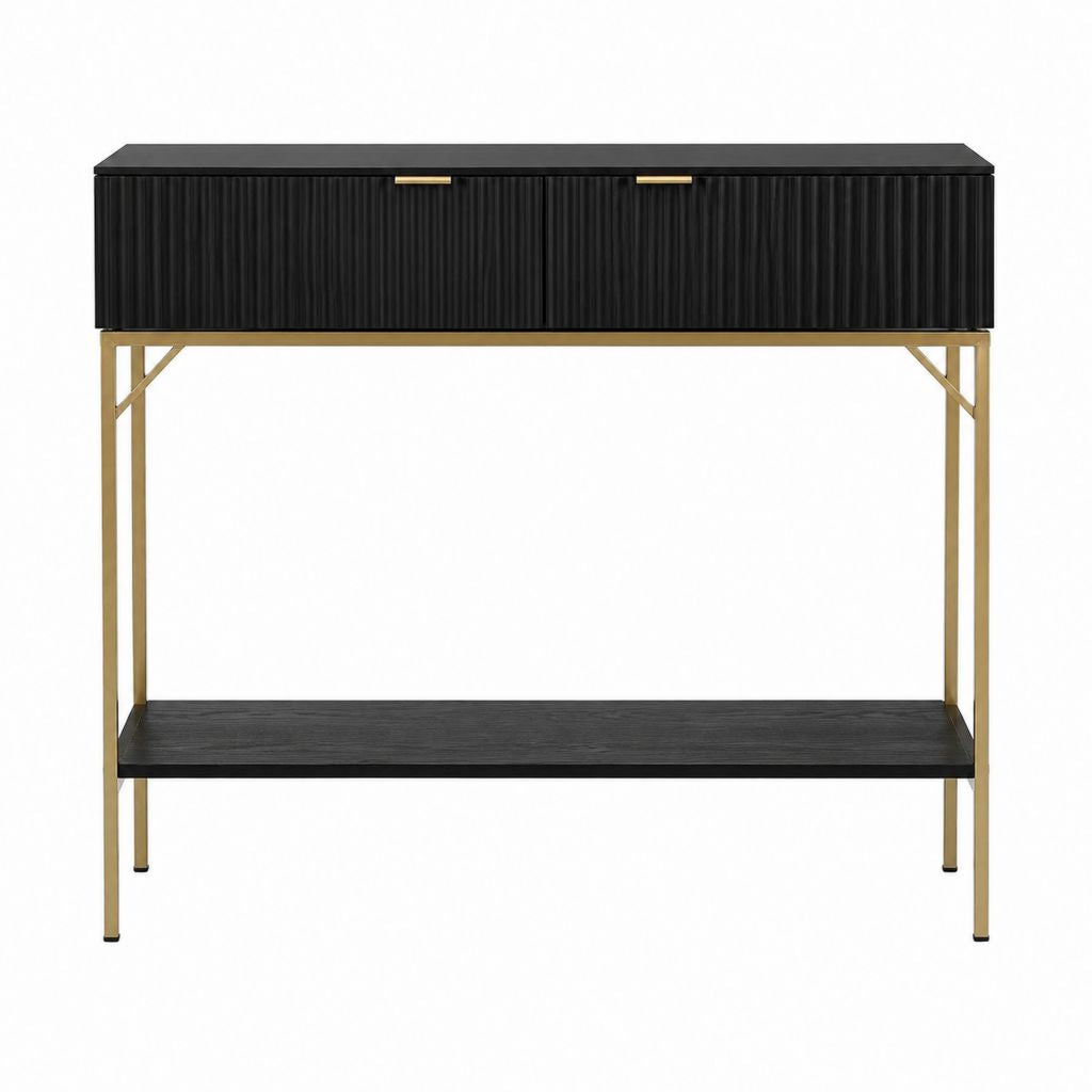 Console d'entrée rectangulaire noire et dorée en panneaux MDF et acier 120 x 35 x 90 cm