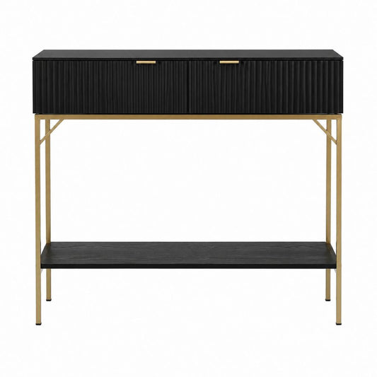 Console d'entrée rectangulaire noire et dorée en panneaux MDF et acier 120 x 35 x 90 cm
