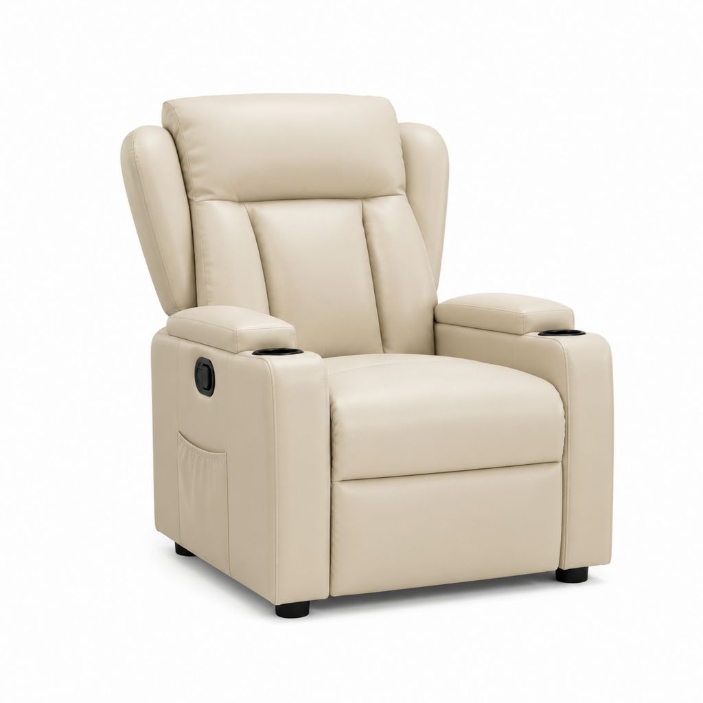 Fauteuil relax inclinable manuel beige en cuir synthétique PU avec porte-gobelets 90 x 94 x 103 cm