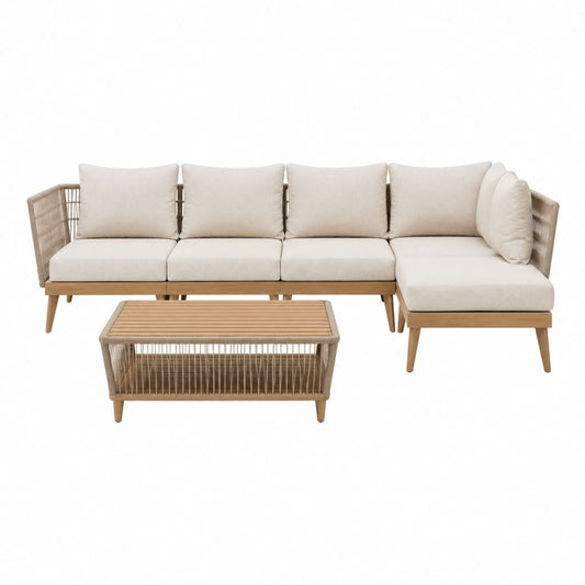 Salon de jardin d'angle 4 places beige en bois d'acacia et corde PE avec table basse 270 x 160 x 76 cm