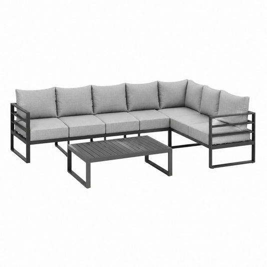 Salon de jardin d'angle 6 places gris en acier thermolaqué avec coussins et table basse 240 x 180 x 65 cm