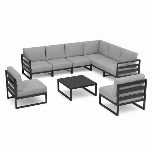 Salon de jardin d’angle 6 places gris en acier thermolaqué avec coussins en polyester 240 x 240 x 65 cm