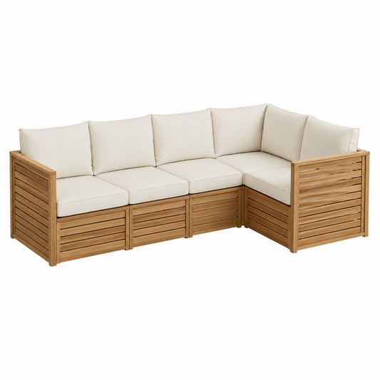 Salon de jardin d'angle 4 places en bois d'acacia naturel avec coussins crème 240 x 180 x 70 cm